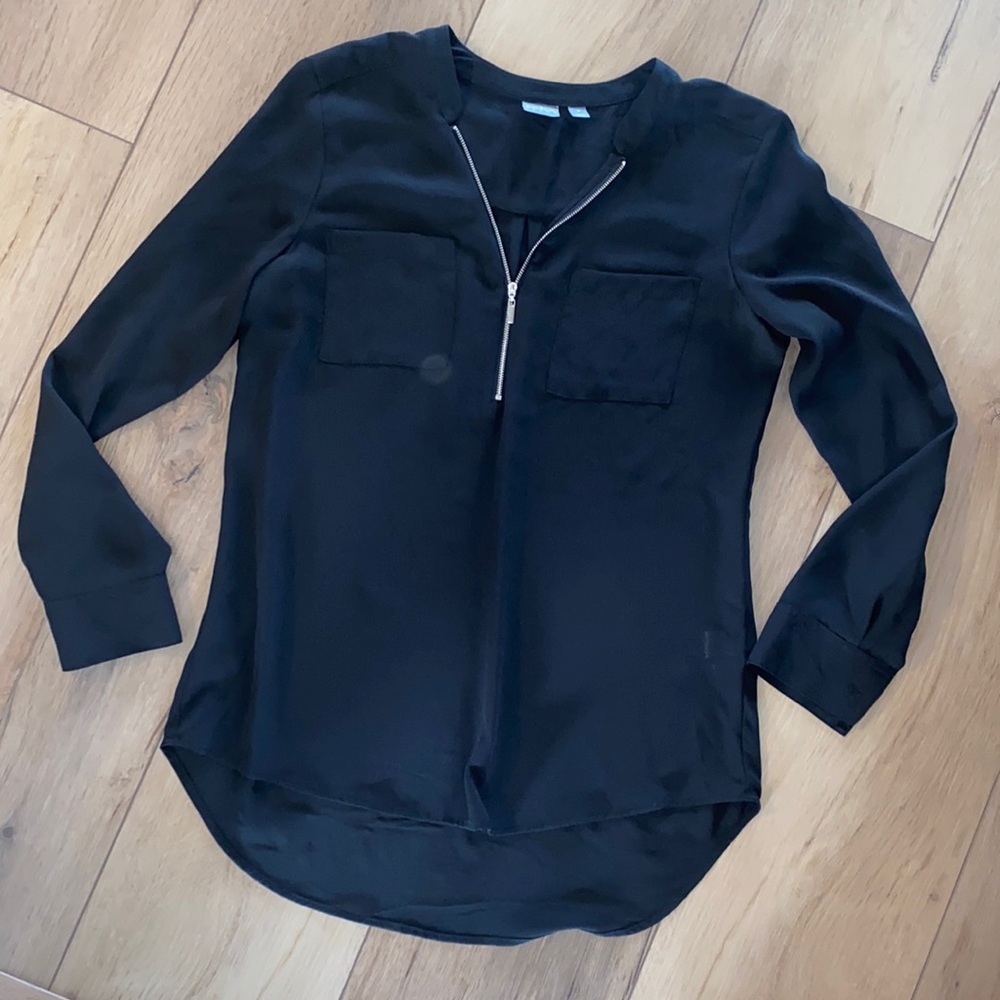 black zip v neck blouse
